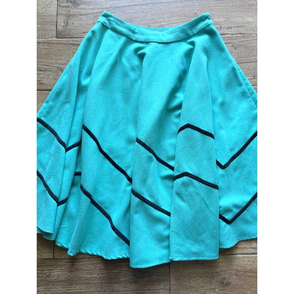 Collectif Milla Teal Chevron Black Velvet Stripe Knee Length Swing Skirt Size XS - Picture 4 of 8